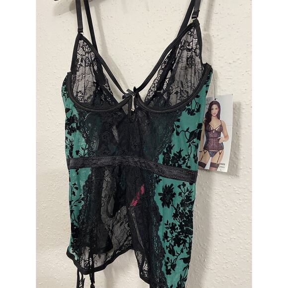 Seven 'Til Midnight Two Piece Flocked Mesh & Lace Bustier & Thong Sexy Set Sz L - Picture 6 of 8